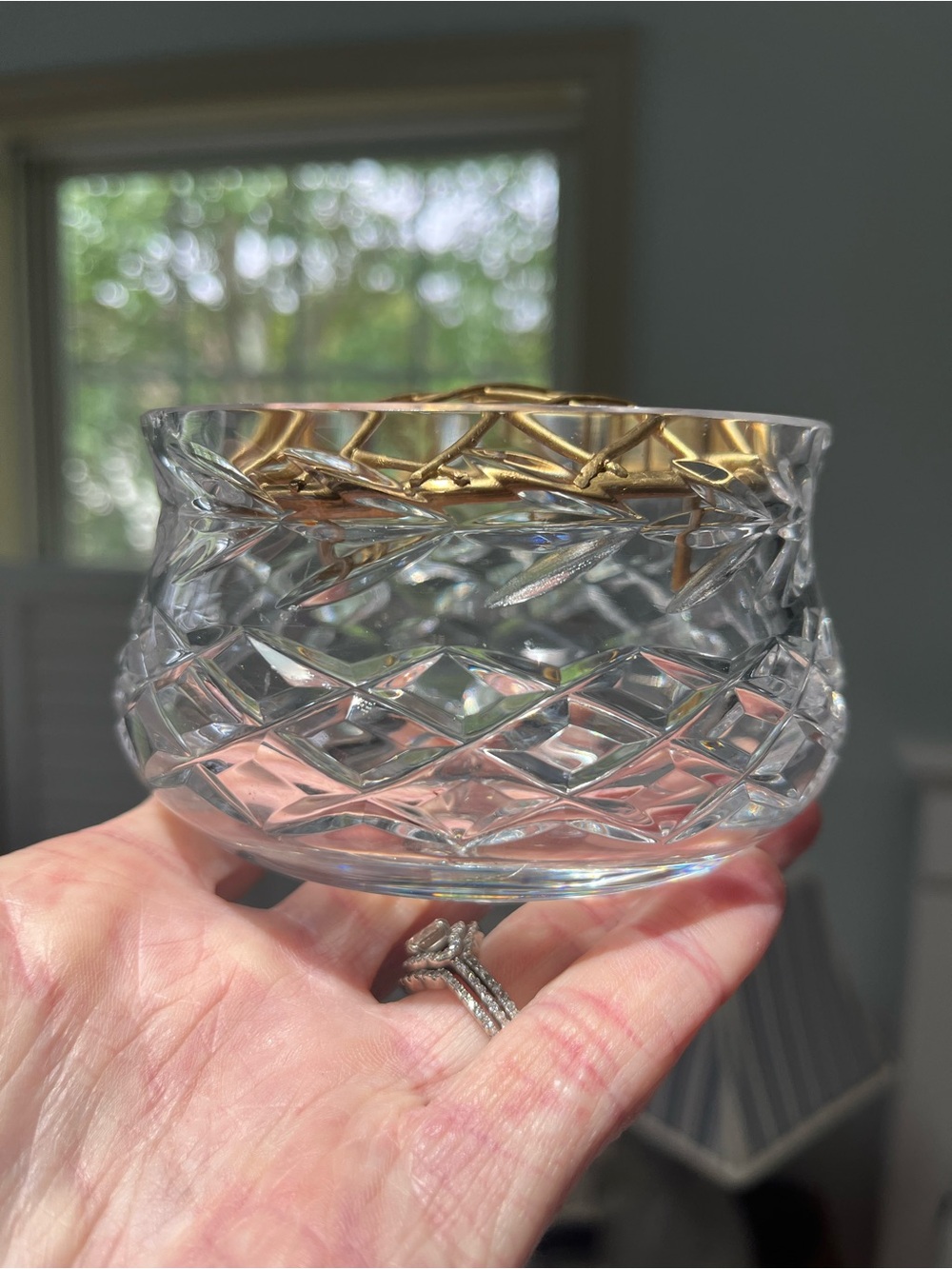 Crystal Cut Glass Bowl with gold metal rim flower frog top